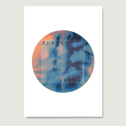 Blue and orange planet, minimalist watercolor graphic art print on paper.