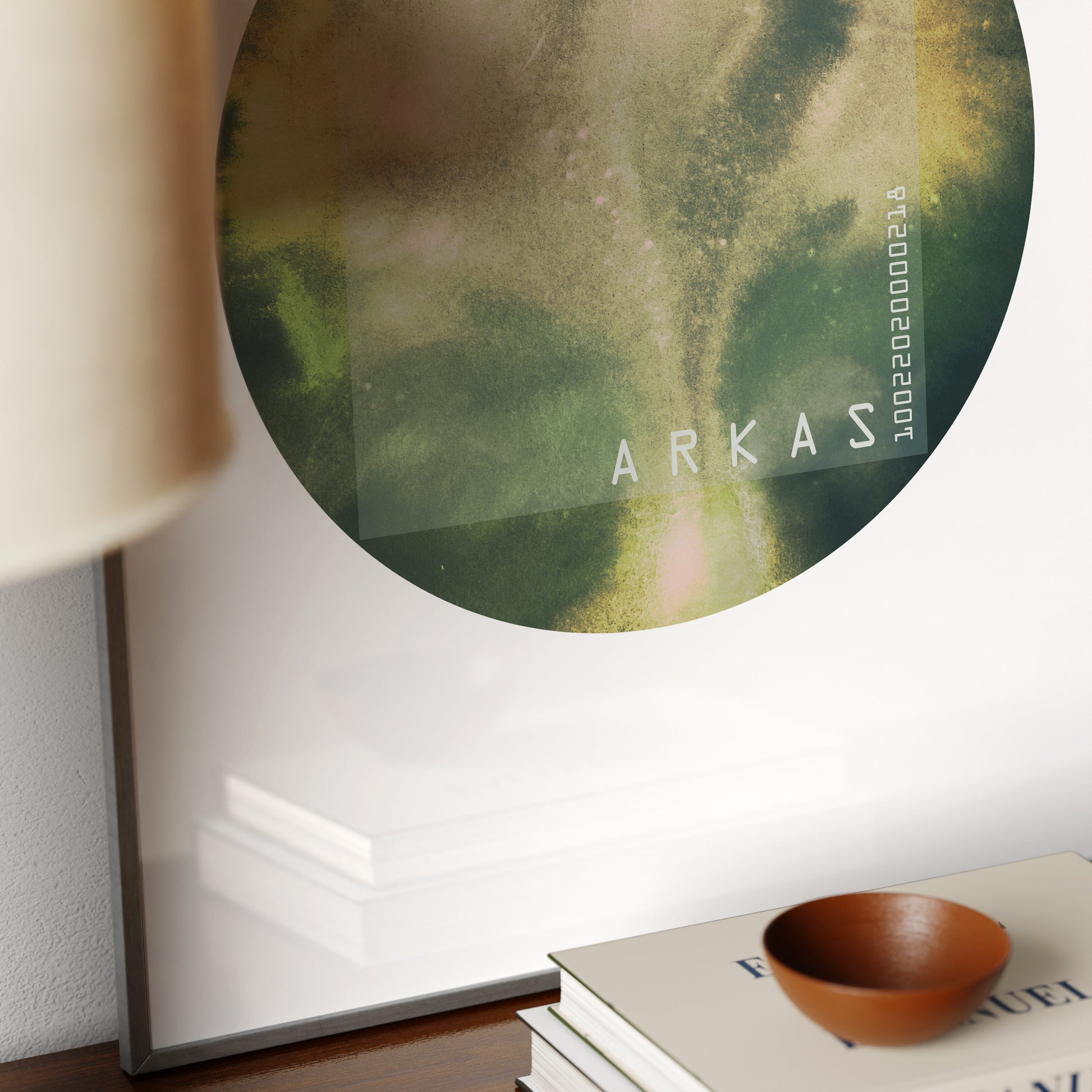 Detail of a green planet minimalist watercolor graphic art print.