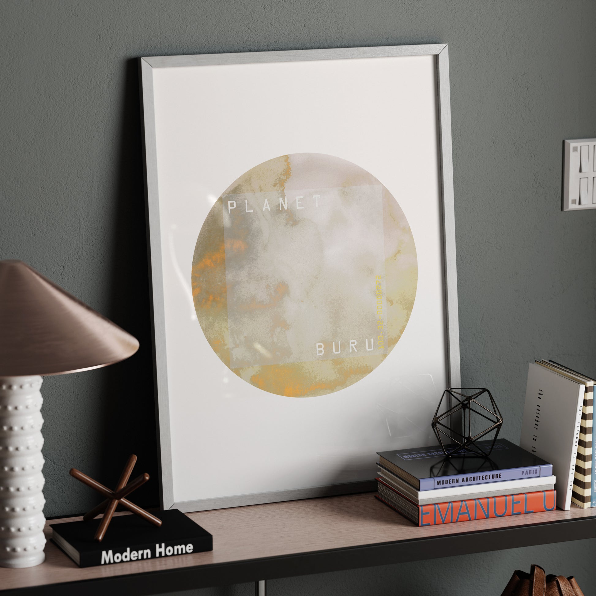 Pastel bright colors planet, minimalist watercolor graphic art print in a modern space.