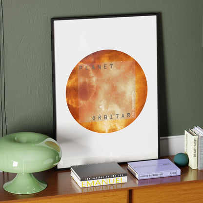 Red planet, minimalist watercolor graphic art print on a vintage wood sideboard.