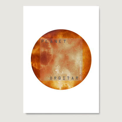Red planet, minimalist watercolor graphic art print on paper.