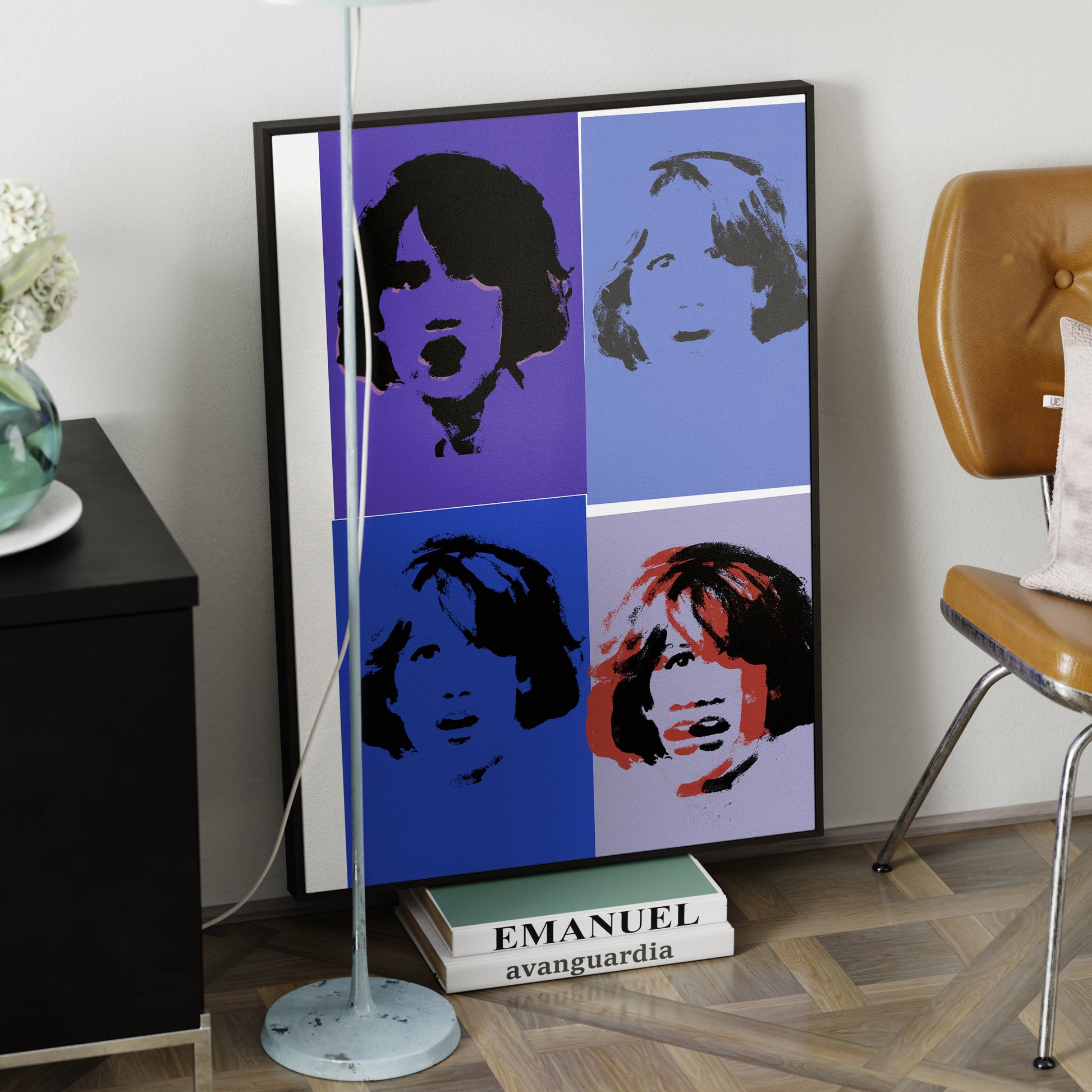 Blue portrait repetition pop art art print in a modern ambient.