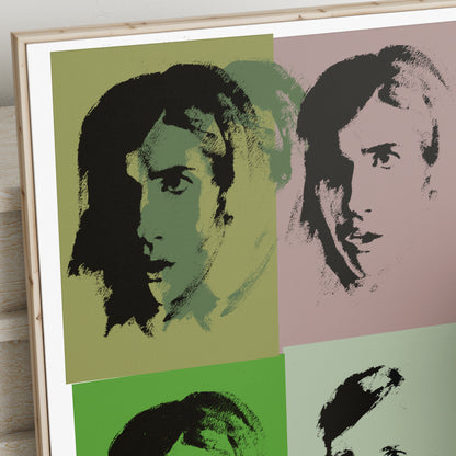 Detail of a green portrait repetition pop art art print.