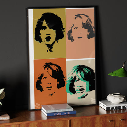 Colorful portrait repetition pop art art print in a dark ambient.
