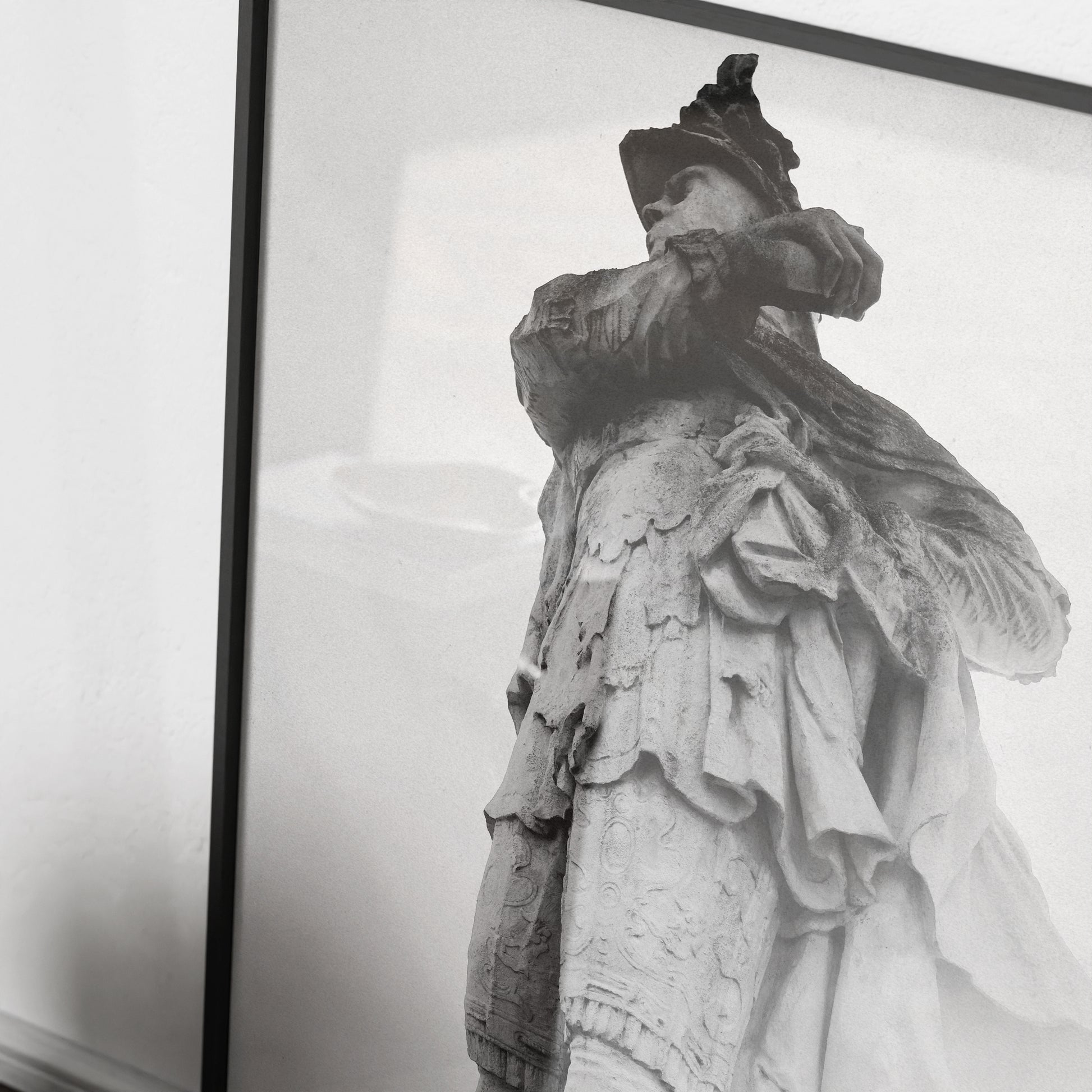 Black and white photography art print with a classic sculpture.