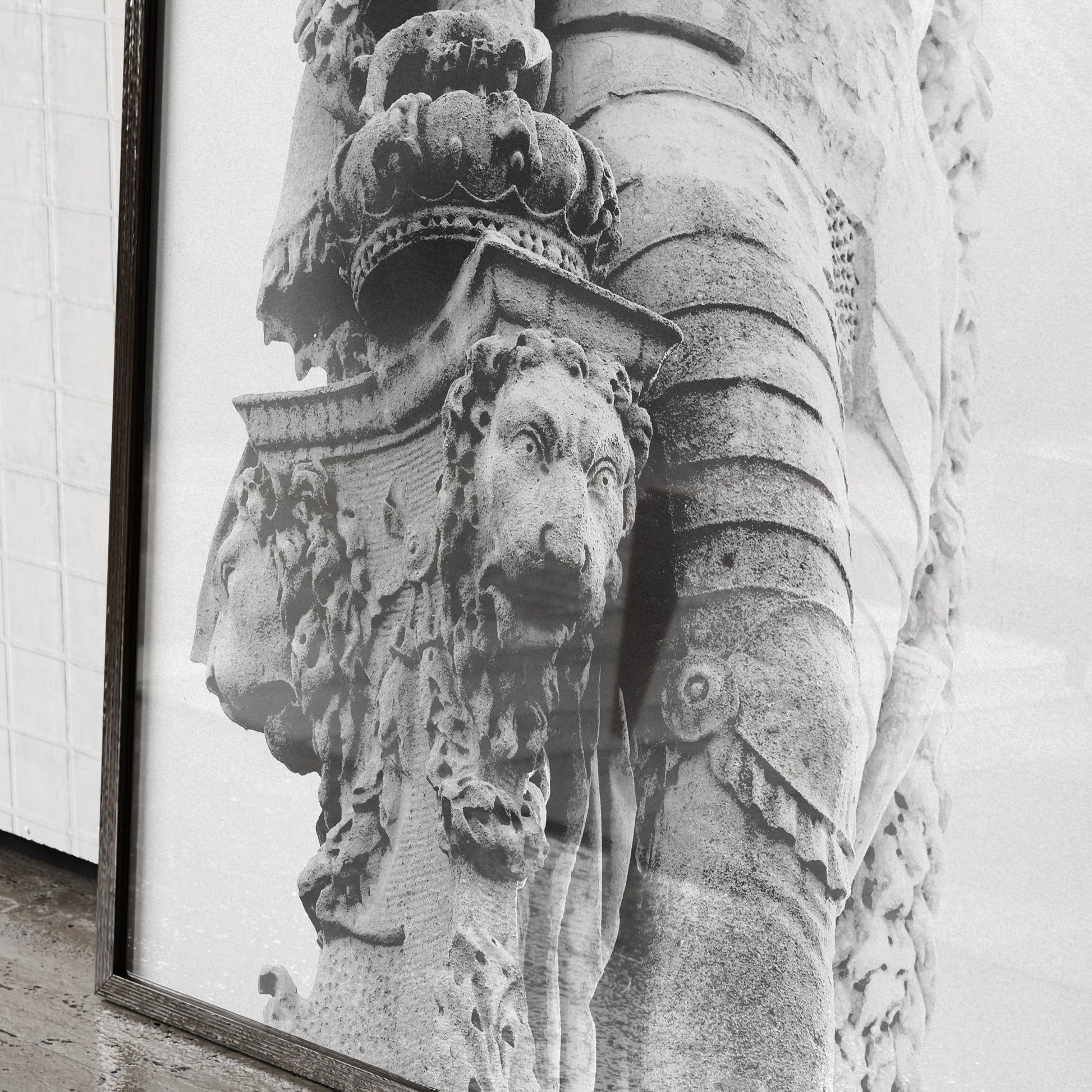 Detail of a black and white framed photography art print.