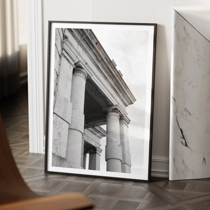 Classic architectural corner of Venice, black and white photography art print in a black metallic frame.