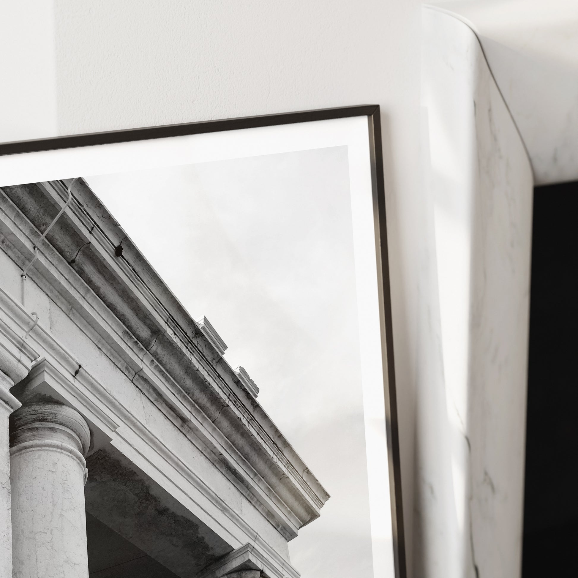 Detail of a classic architectural corner of Venice, black and white photography art print.