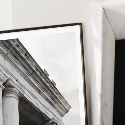 Detail of a classic architectural corner of Venice, black and white photography art print.