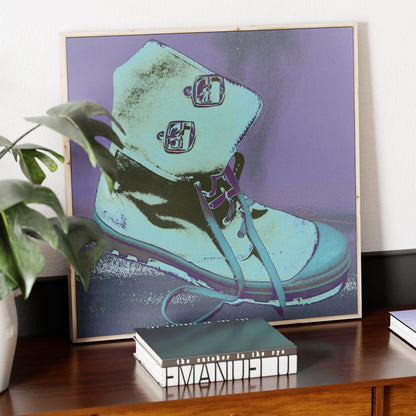 Purple boot pop art art print on a wood sideboard.