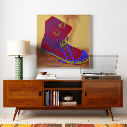 Red boot, colorful pop art art print above a mid-century modern wood sideboard.