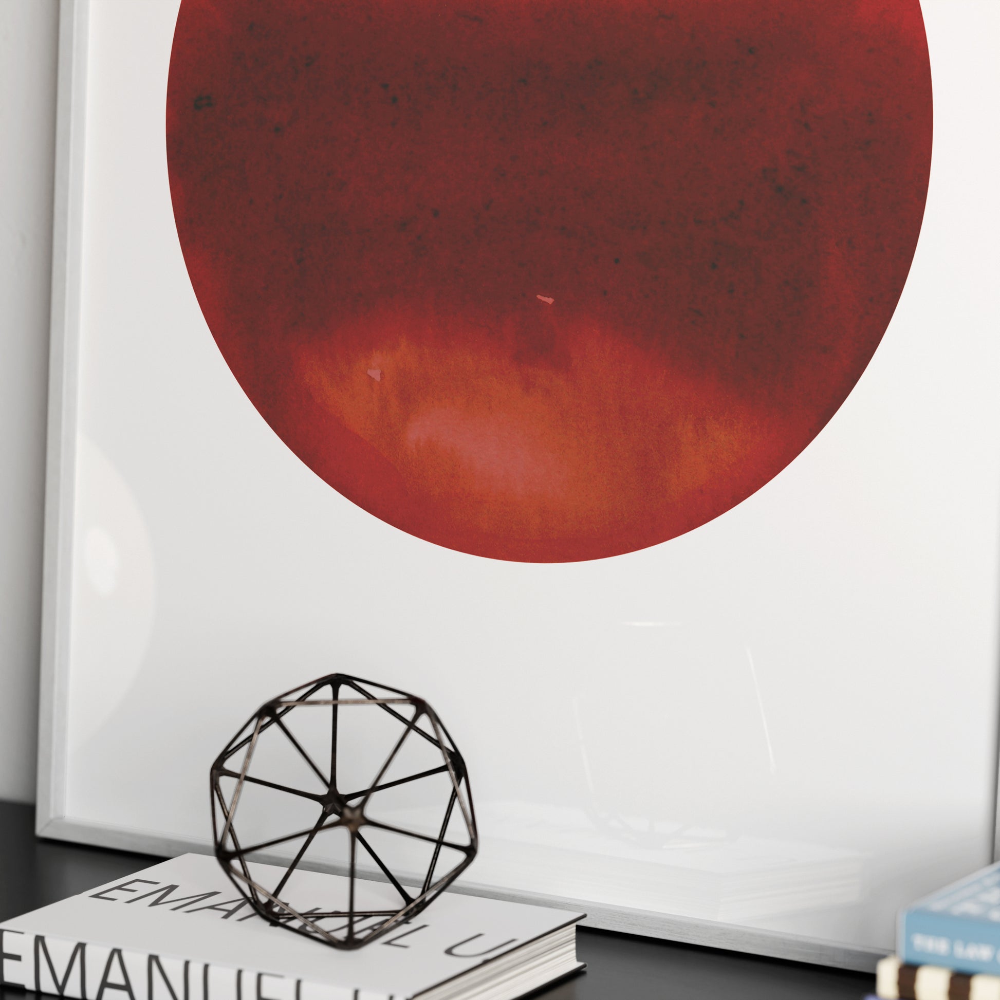 Detail of an intense red planet, minimalist watercolor graphic art print.