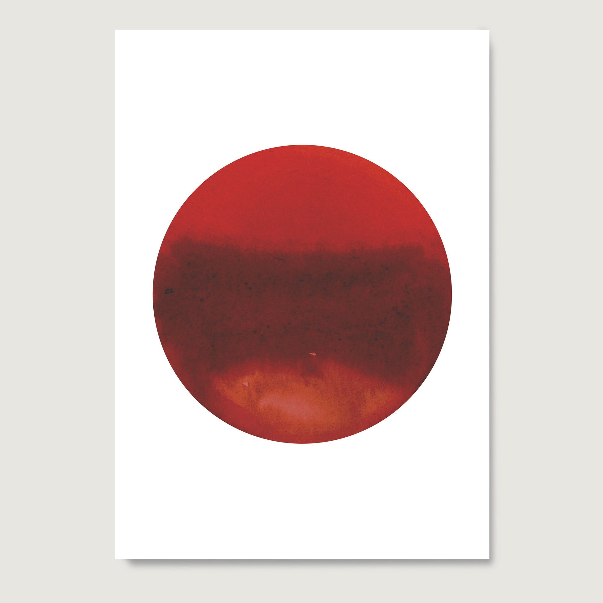 Intense red planet, minimalist watercolor graphic art print on paper.