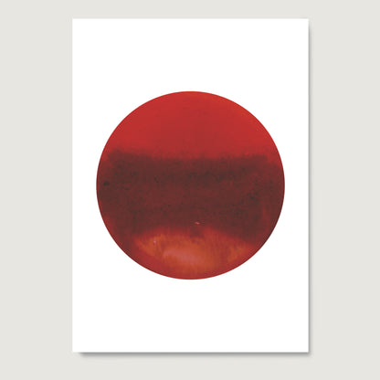 Intense red planet, minimalist watercolor graphic art print on paper.