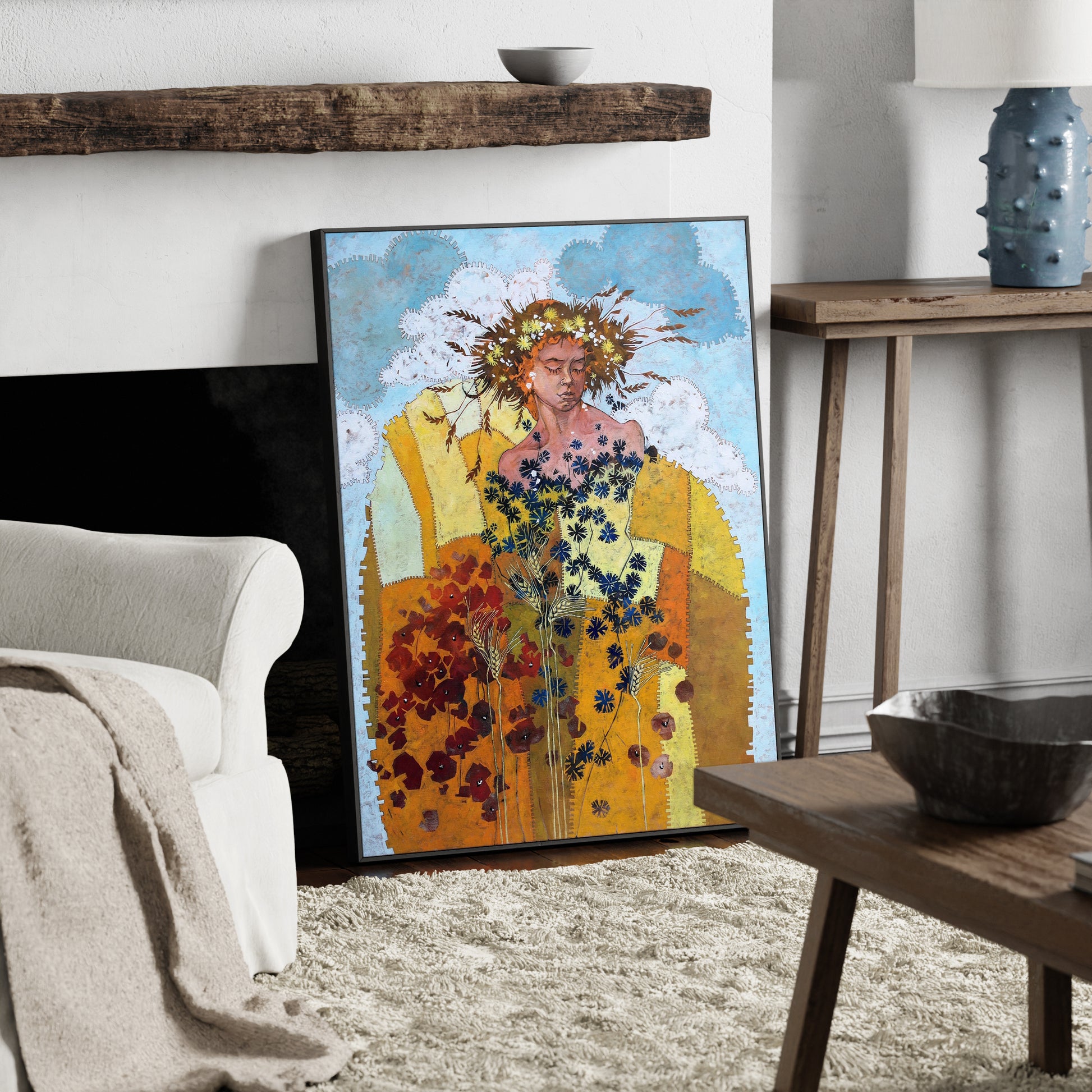 Artistic figurative painting with a woman figure, flowers and warm colors, in a cozy interior.