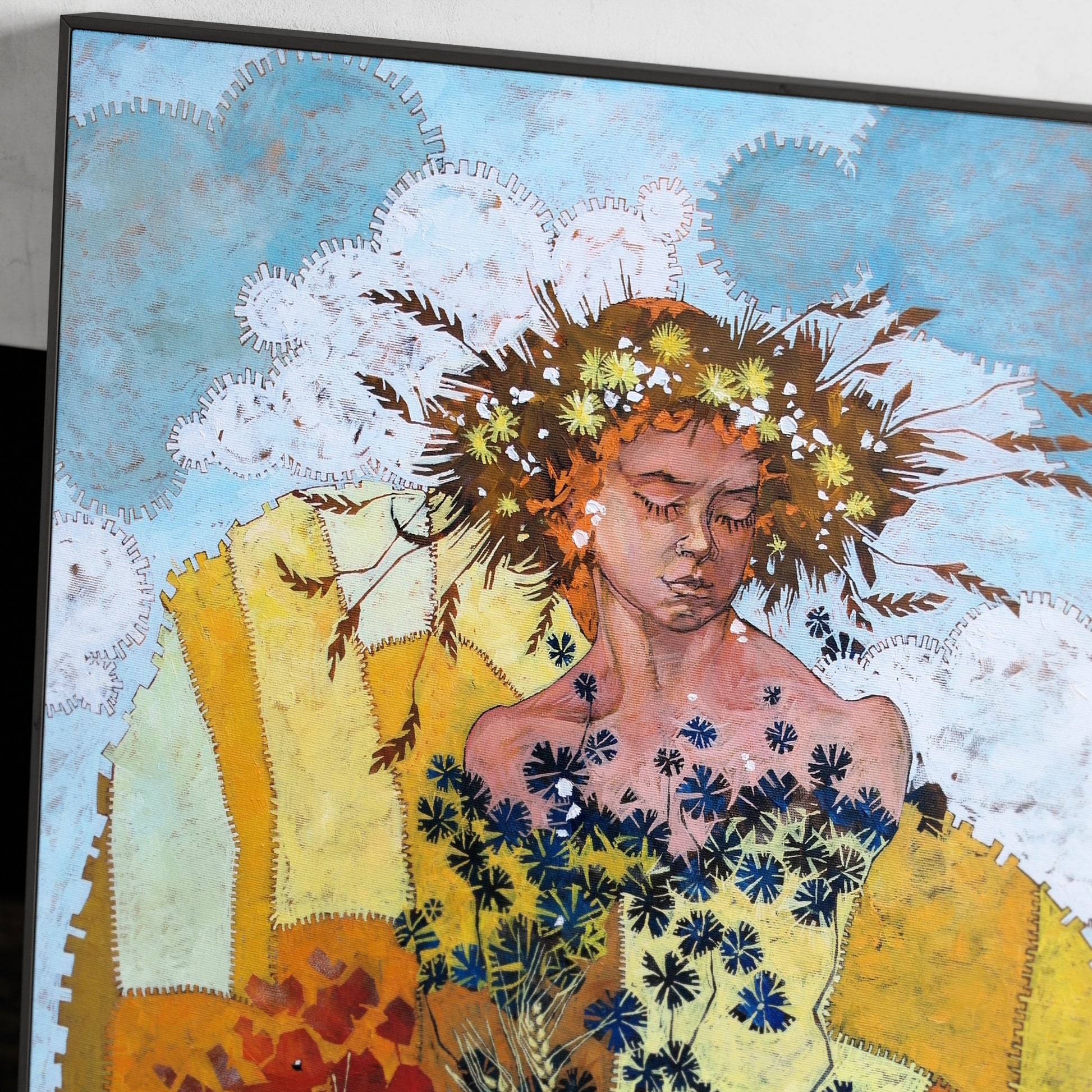 Detail of an artistic figurative painting with a woman figure, flowers and warm colors.