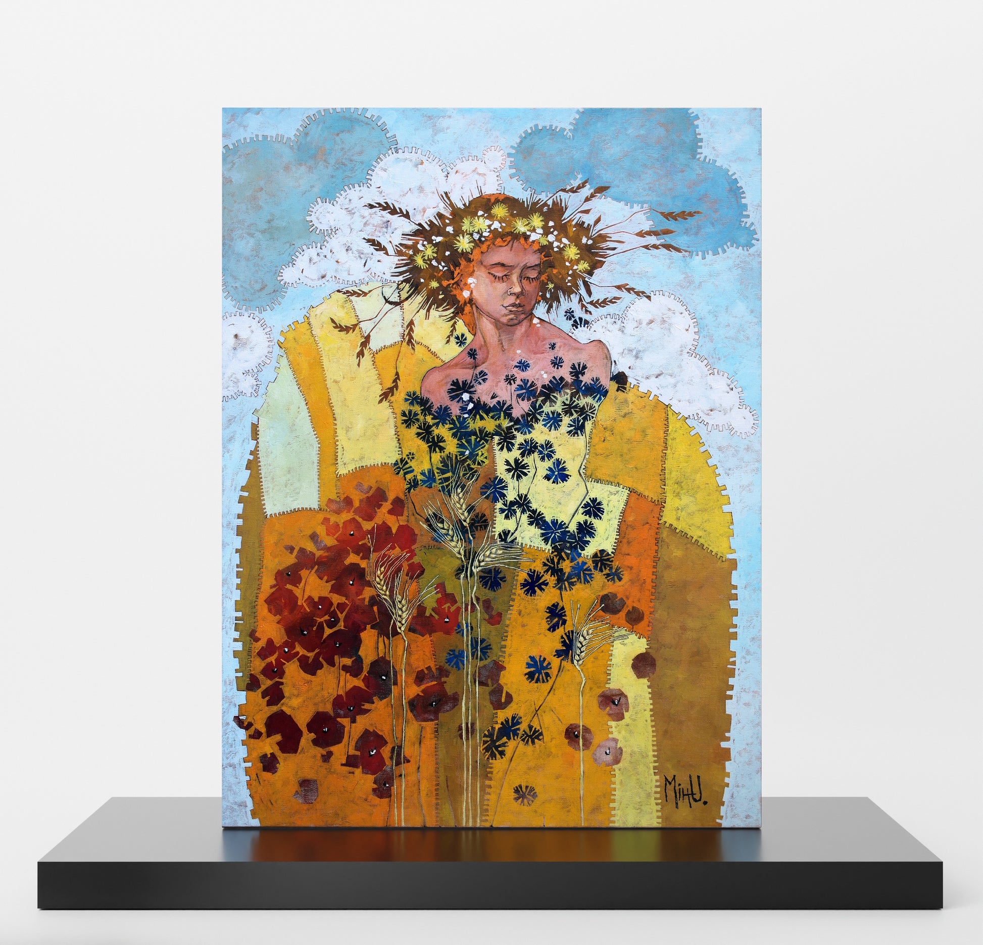 Artistic figurative painting with a woman figure, flowers and warm colors.