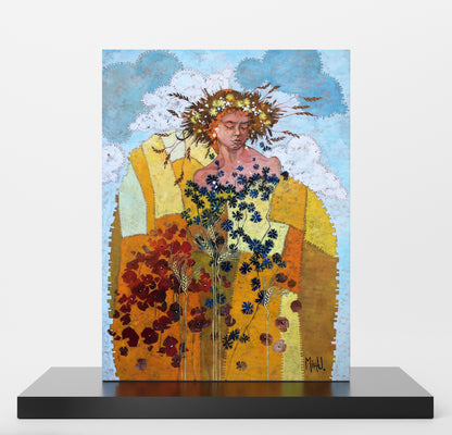 Artistic figurative painting with a woman figure, flowers and warm colors.