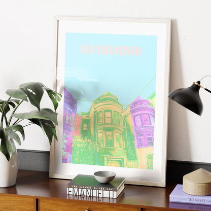 Travel poster San Francisco landmark colorful art print on a sideboard.