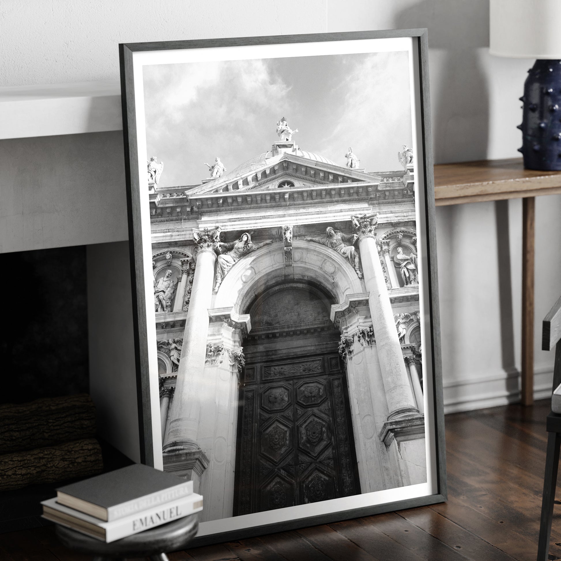 Majestic baroque Venetian church facade, black and white artistic photography art print in a moody ambient.