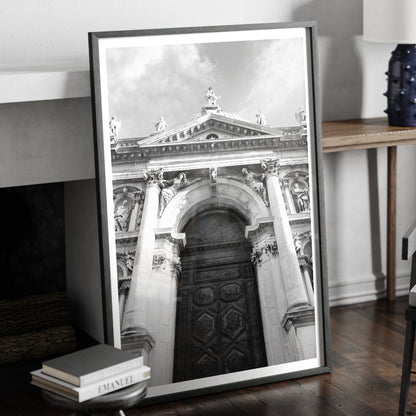Majestic baroque Venetian church facade, black and white artistic photography art print in a moody ambient.