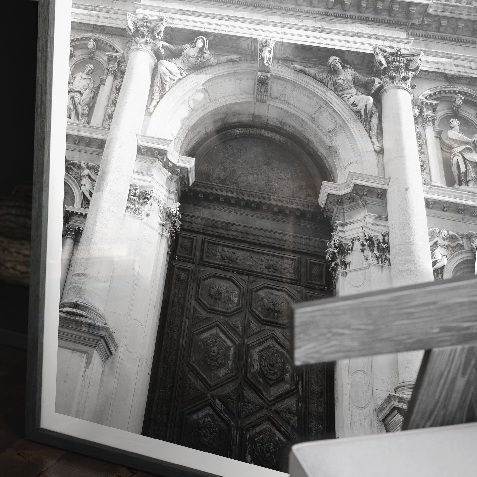 Detail of a majestic baroque Venetian church facade, black and white artistic photography art print.