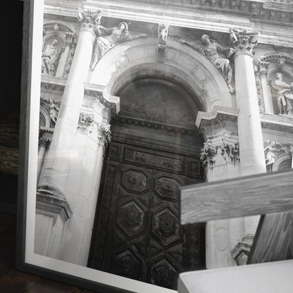 Detail of a majestic baroque Venetian church facade, black and white artistic photography art print.