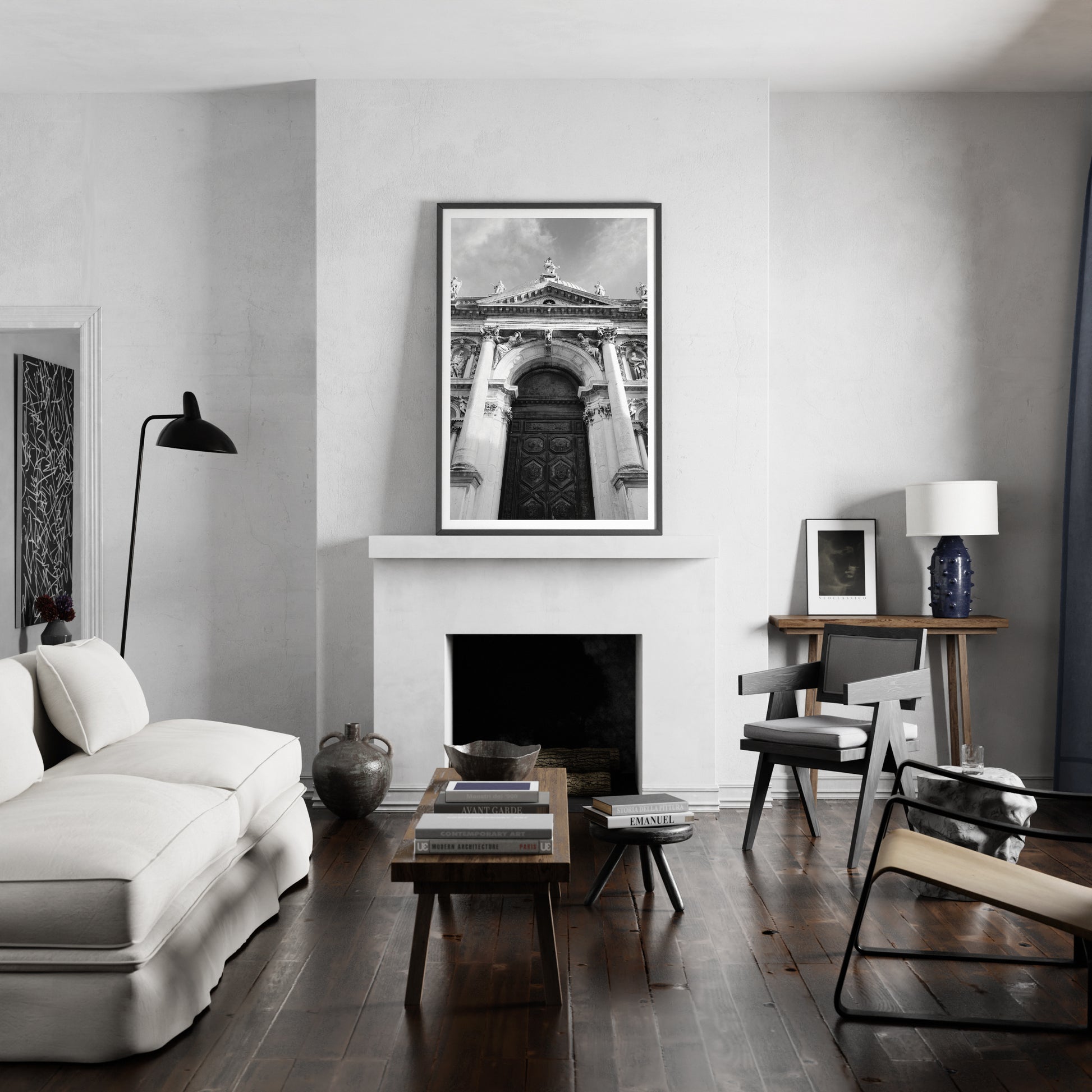 Majestic baroque Venetian church facade, black and white artistic photography art print in a large living room.