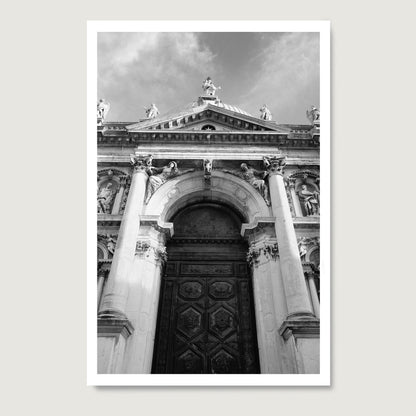 Majestic baroque Venetian church facade, black and white artistic photography art print on paper.