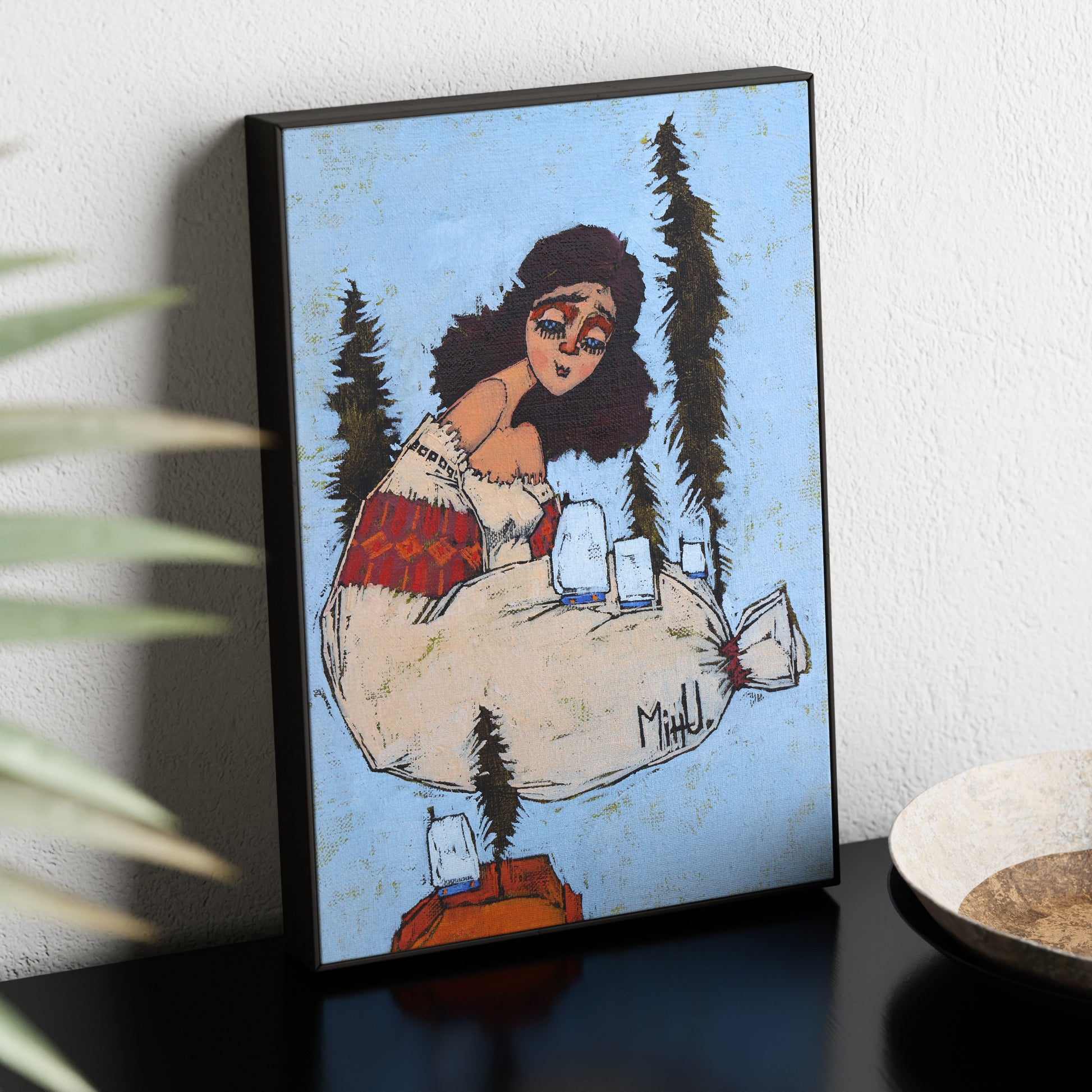 Figurative painting with a woman figure on a blue background.