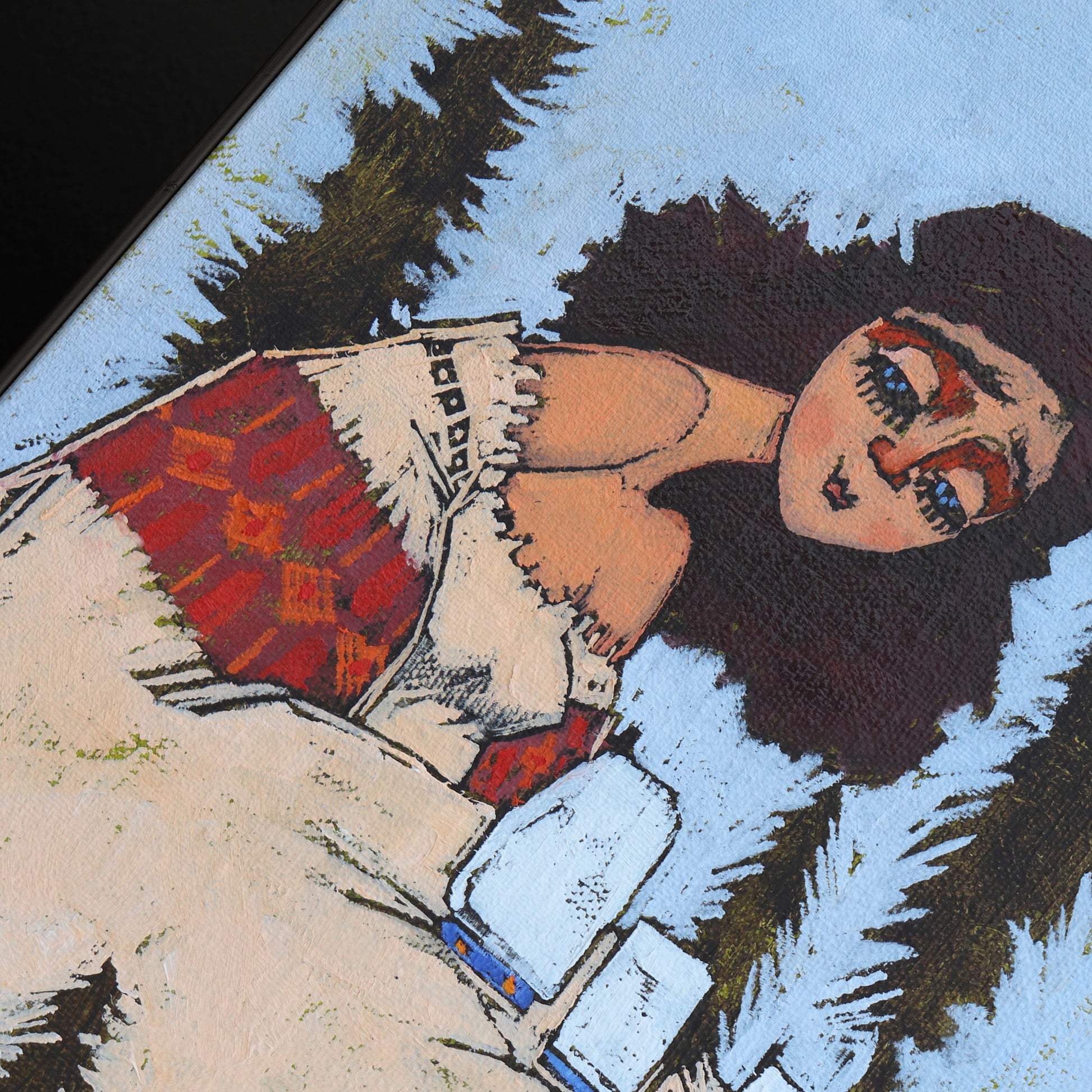 Detail of a figurative painting with a woman figure with blue eyes.