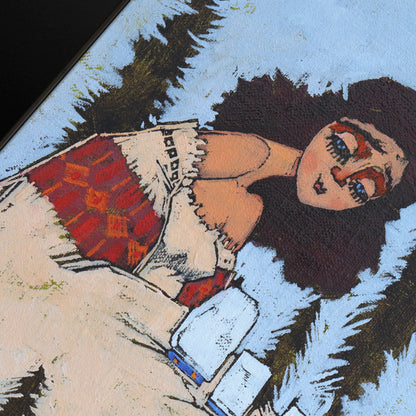 Detail of a figurative painting with a woman figure with blue eyes.