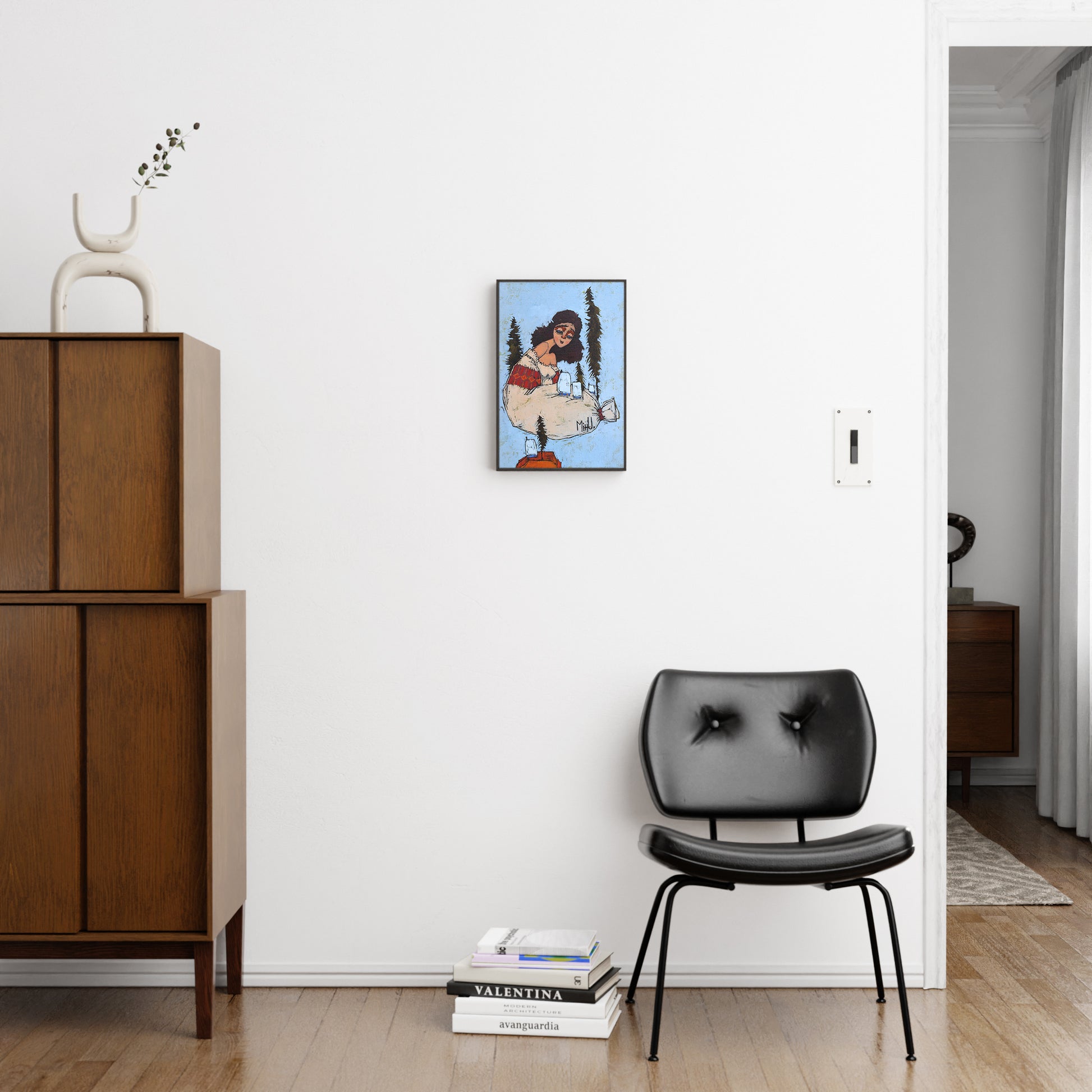 Figurative painting with a woman figure, in a bright modern interior.