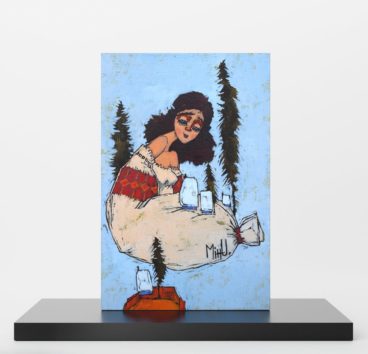 Figurative style painting, with a figure on a blue background.