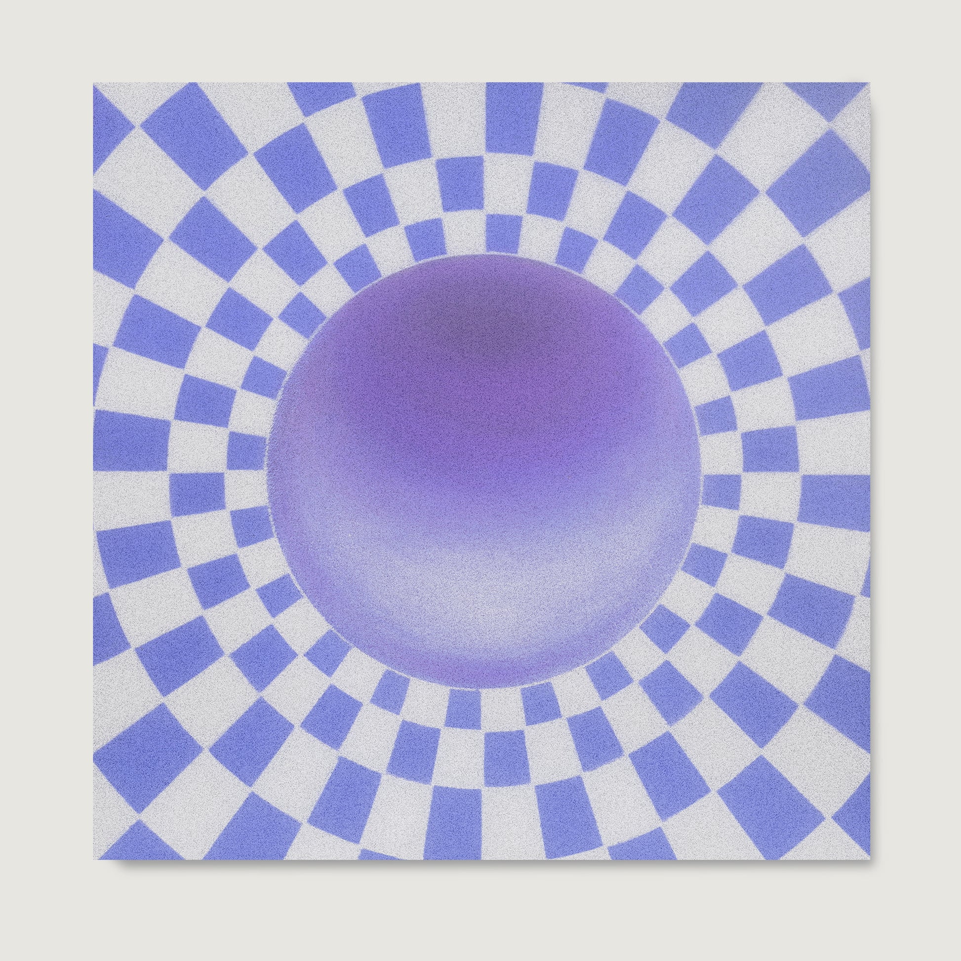 Optical illusion wall art print with concentric circles and a purple sphere in the center on a checkered blue and white background.
