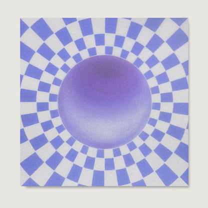 Optical illusion wall art print with concentric circles and a purple sphere in the center on a checkered blue and white background.