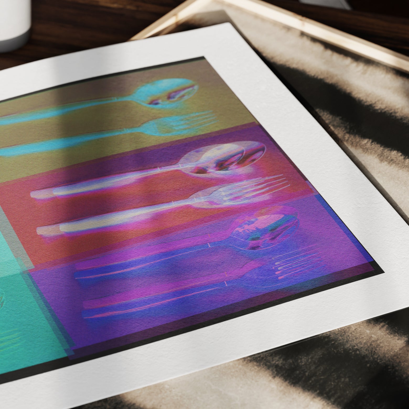 Silverware repetition colorful pop art art print on paper in a moody ambient.