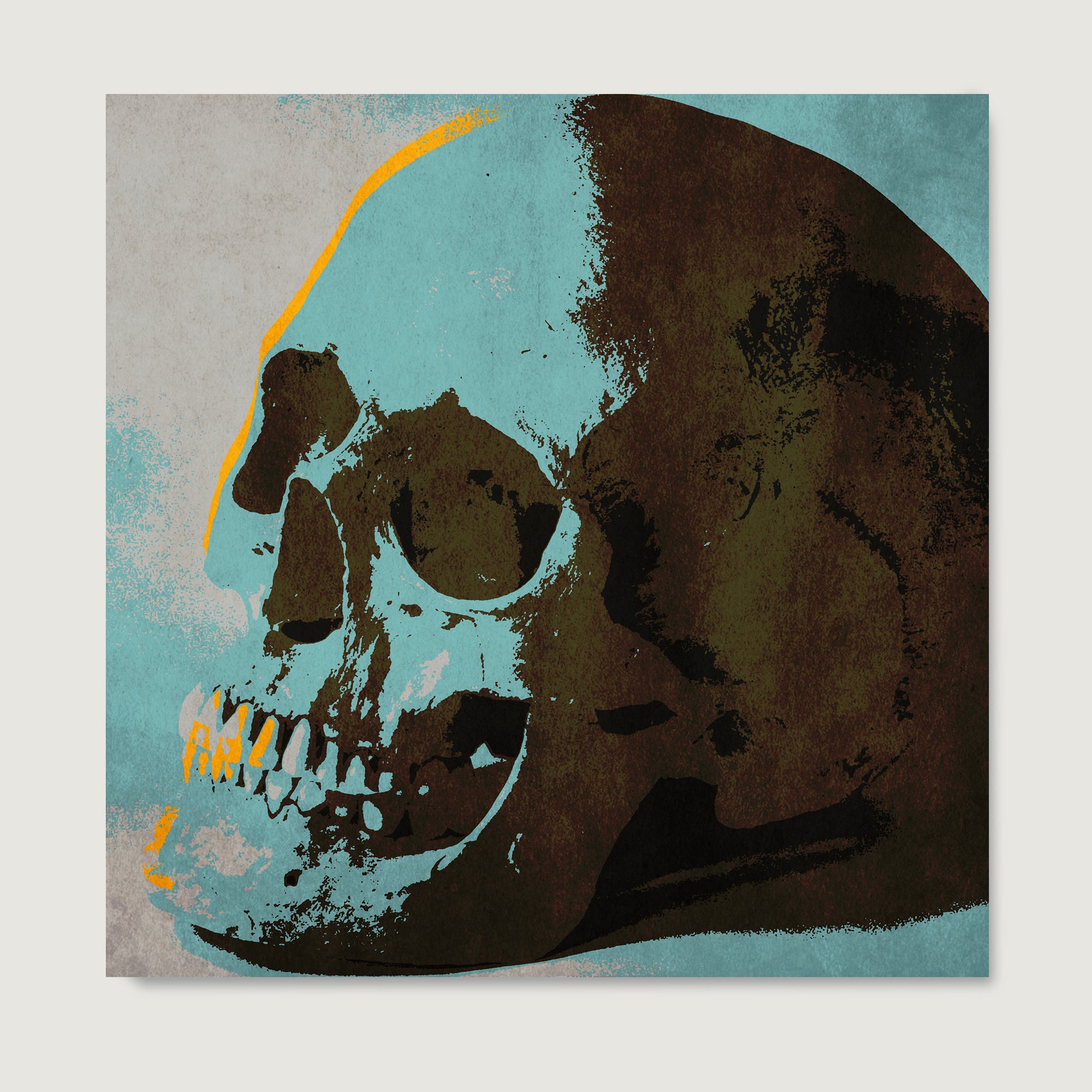 Blue skull pop art art print on paper.
