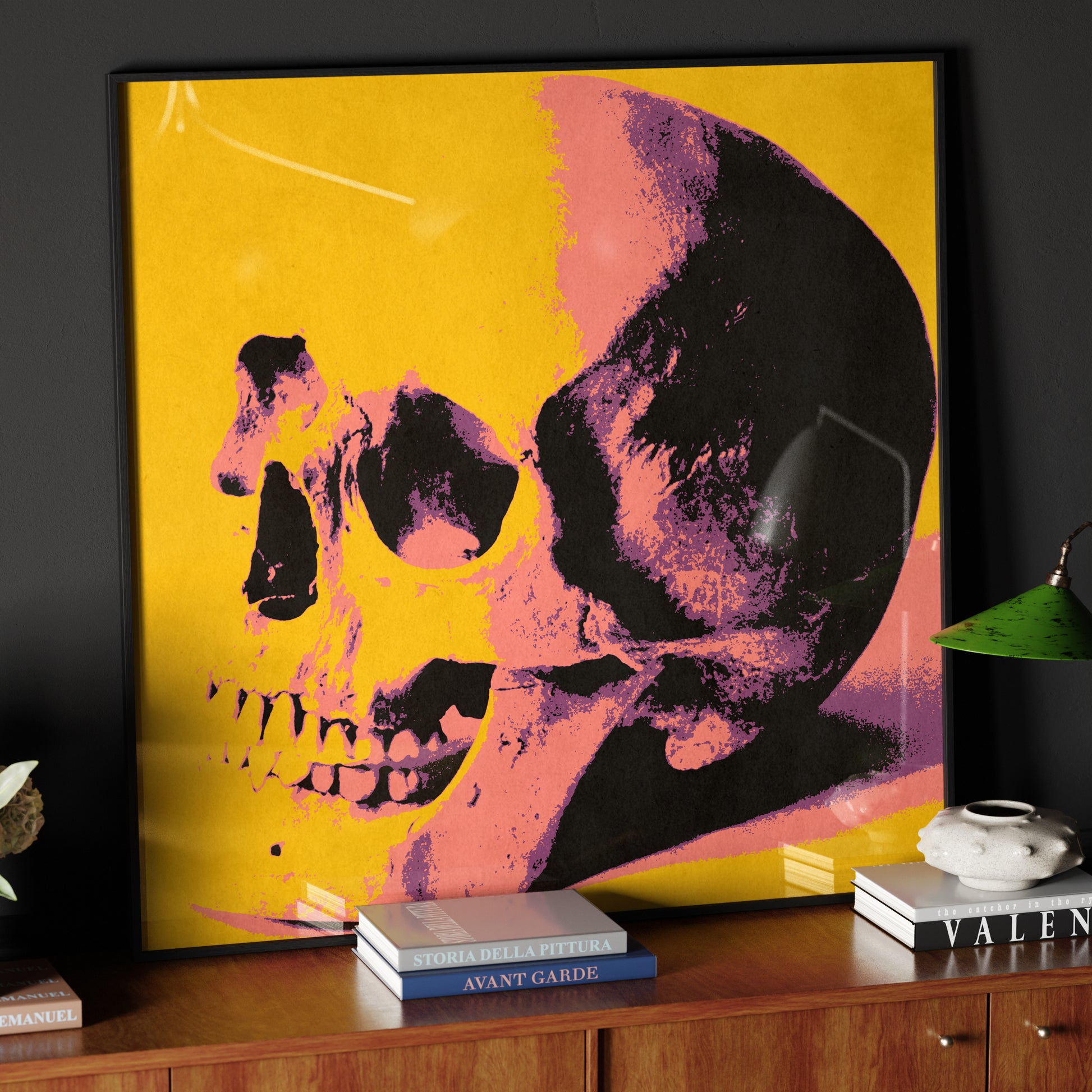 Intense yellow skull pop art art print in a dark classic ambient.
