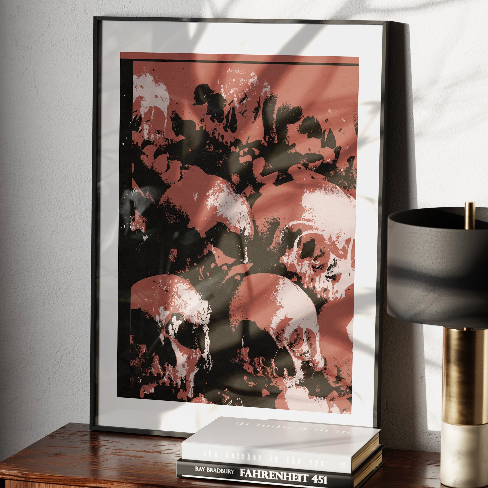 Multiple skulls red pop art art print in a moody ambient.