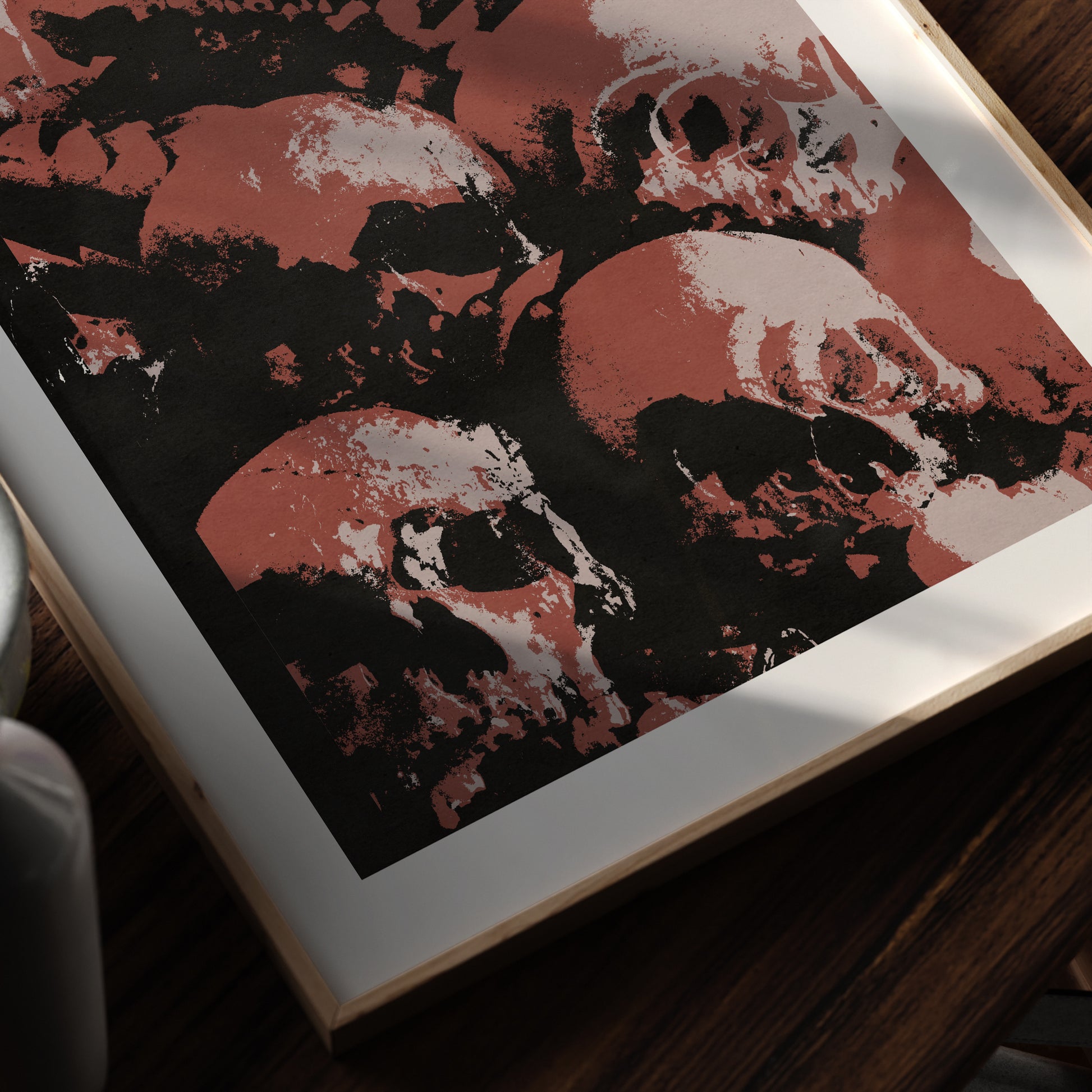 Detail of a multiple skulls red pop art art print.