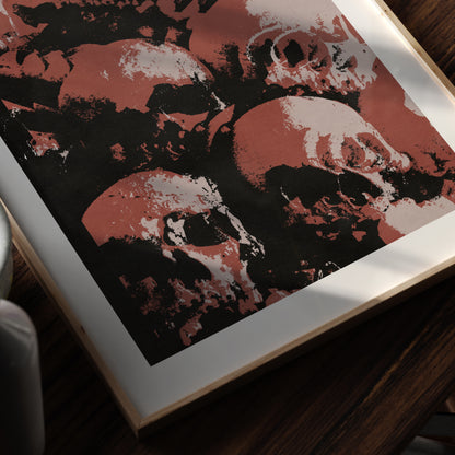 Detail of a multiple skulls red pop art art print.