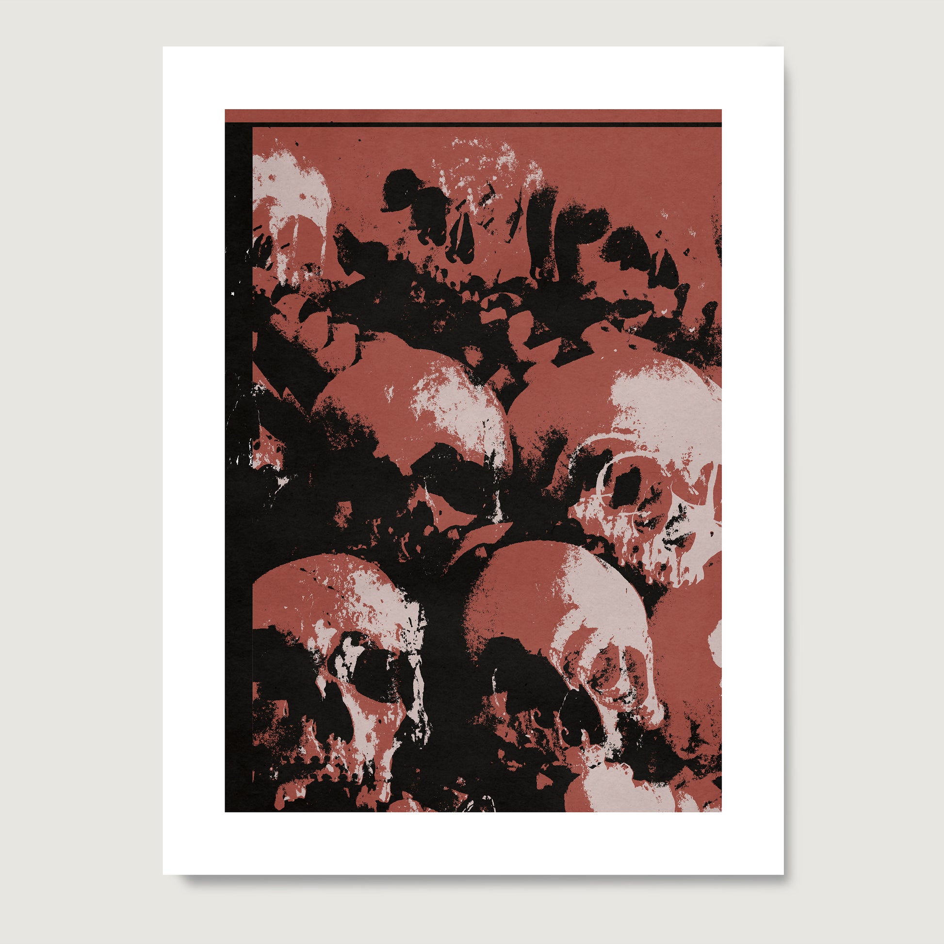 Multiple skulls red pop art art print on paper.