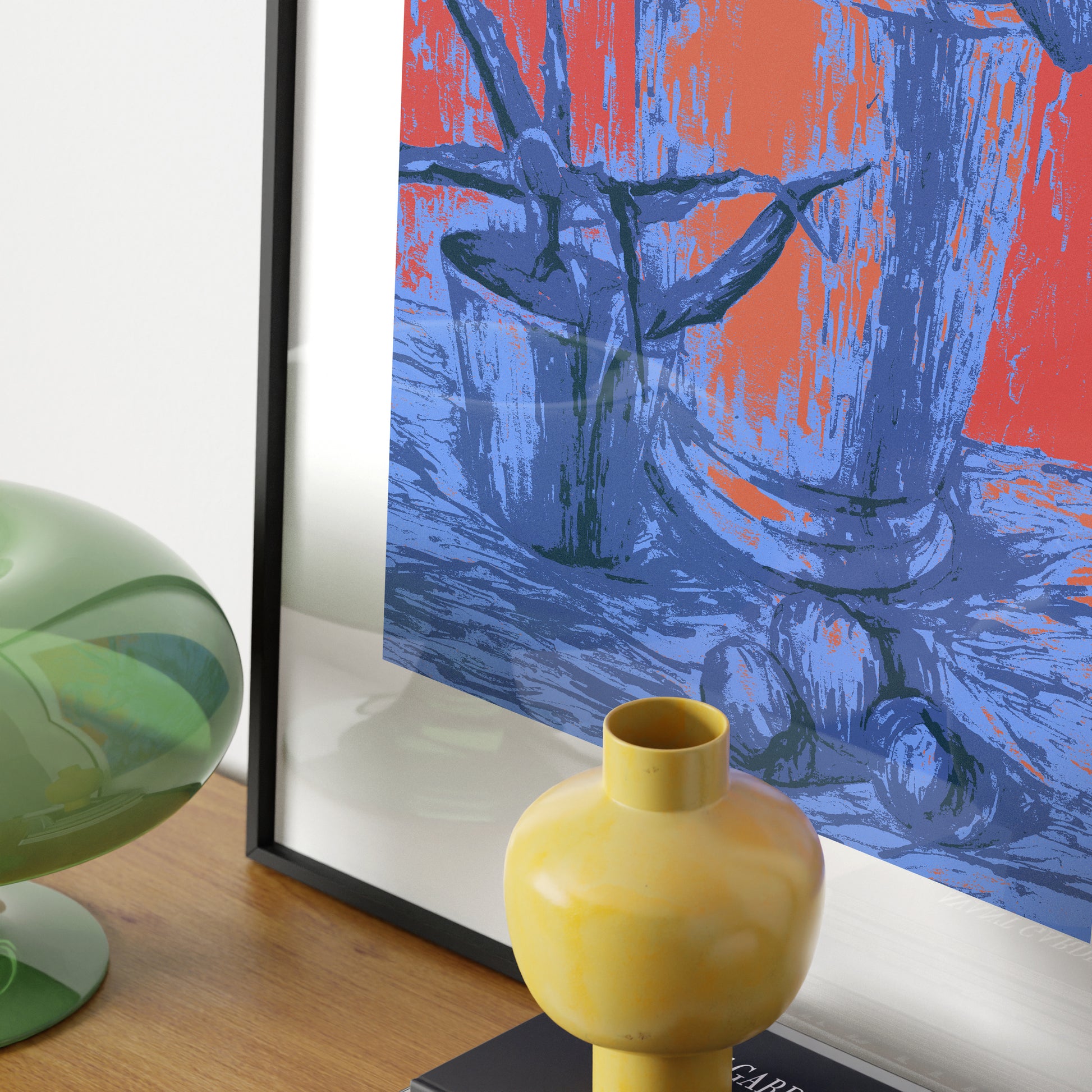 Detail of a red and blue still life with plants, pop, graphic art print.