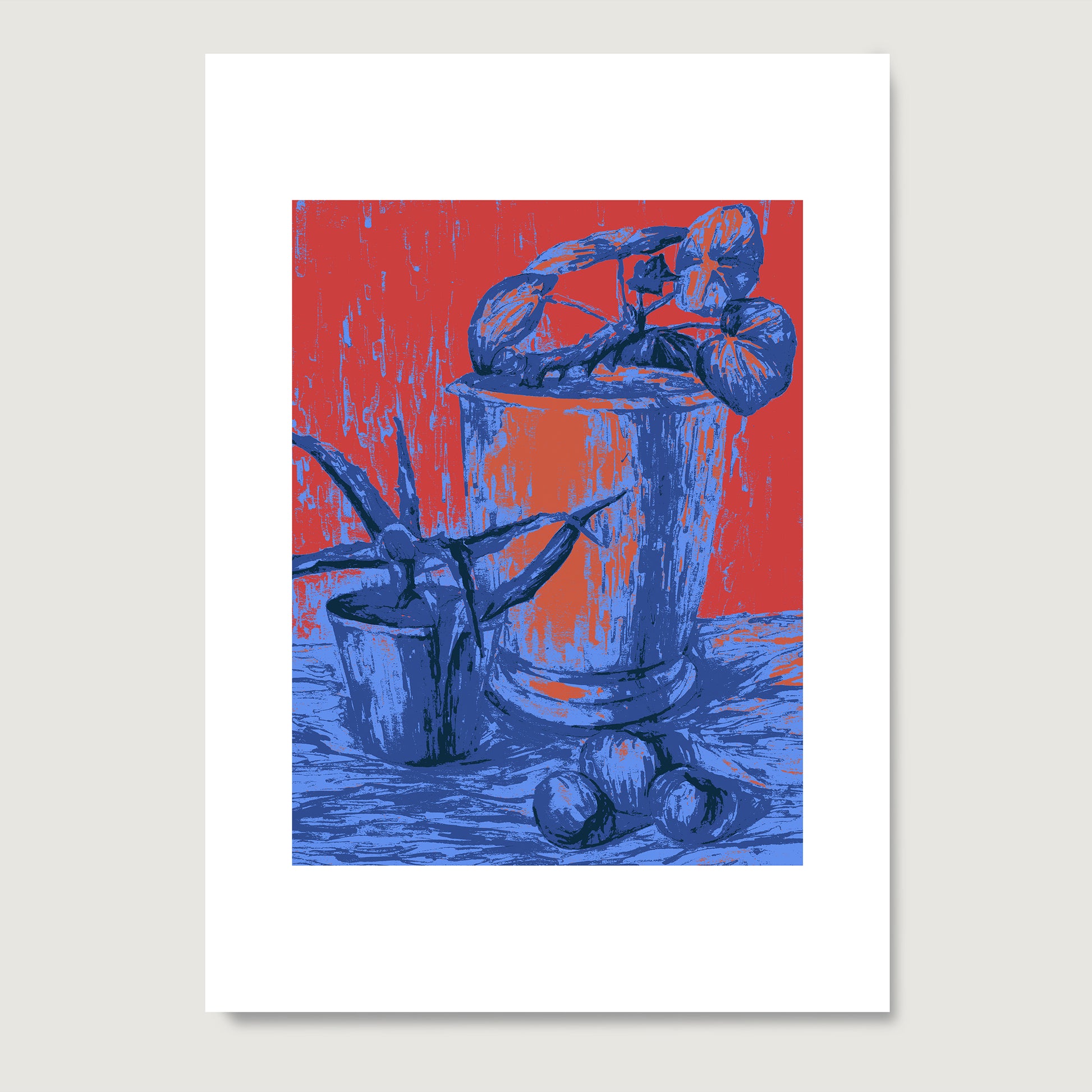 Red and blue still life with plants, pop, graphic art print on paper.
