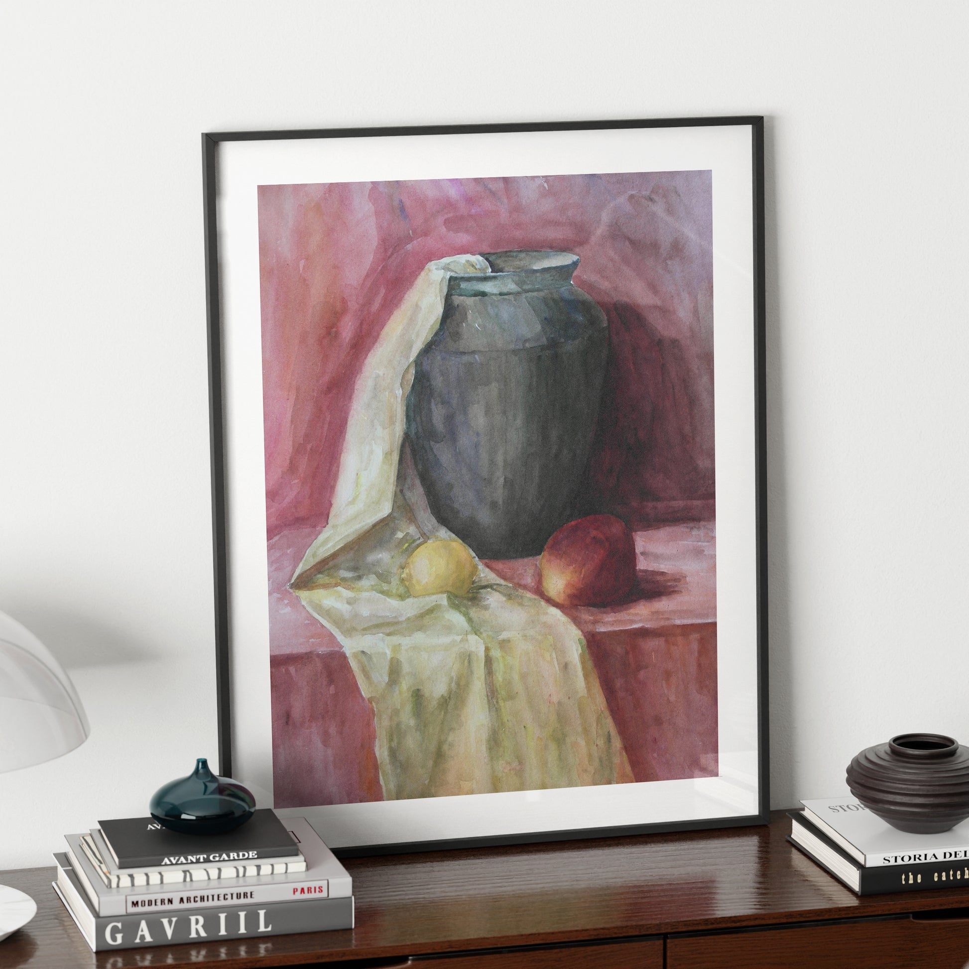 Classic academic watercolor study art print on a dark wood sideboard.