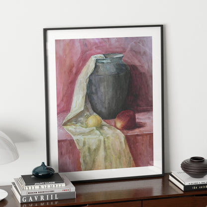 Classic academic watercolor study art print on a dark wood sideboard.