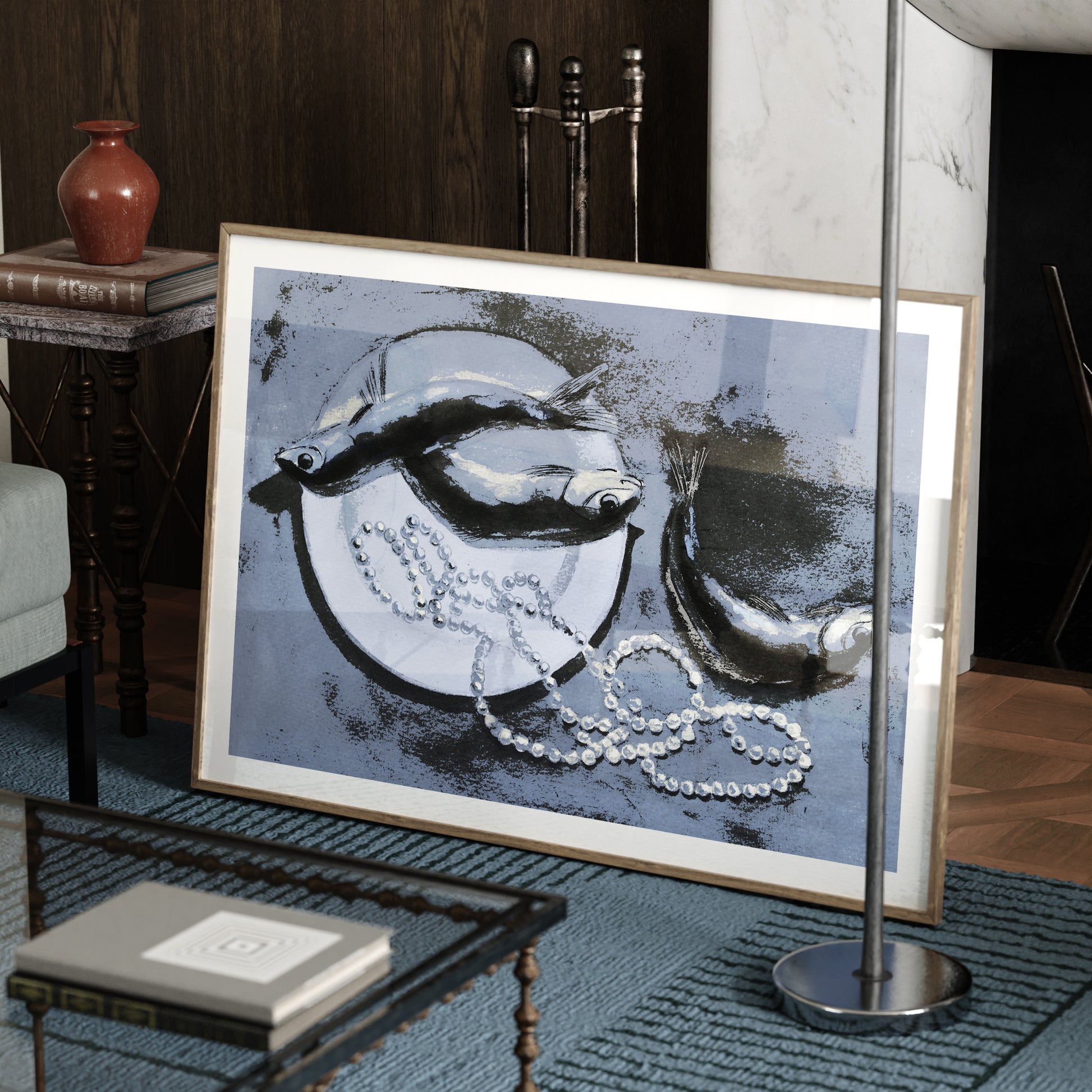 Framed figurative art print depicting a still life with fish and pearls in a room setting.