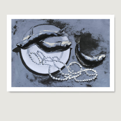 Art print depicting a still life with fish and pearls on a textured blue background.