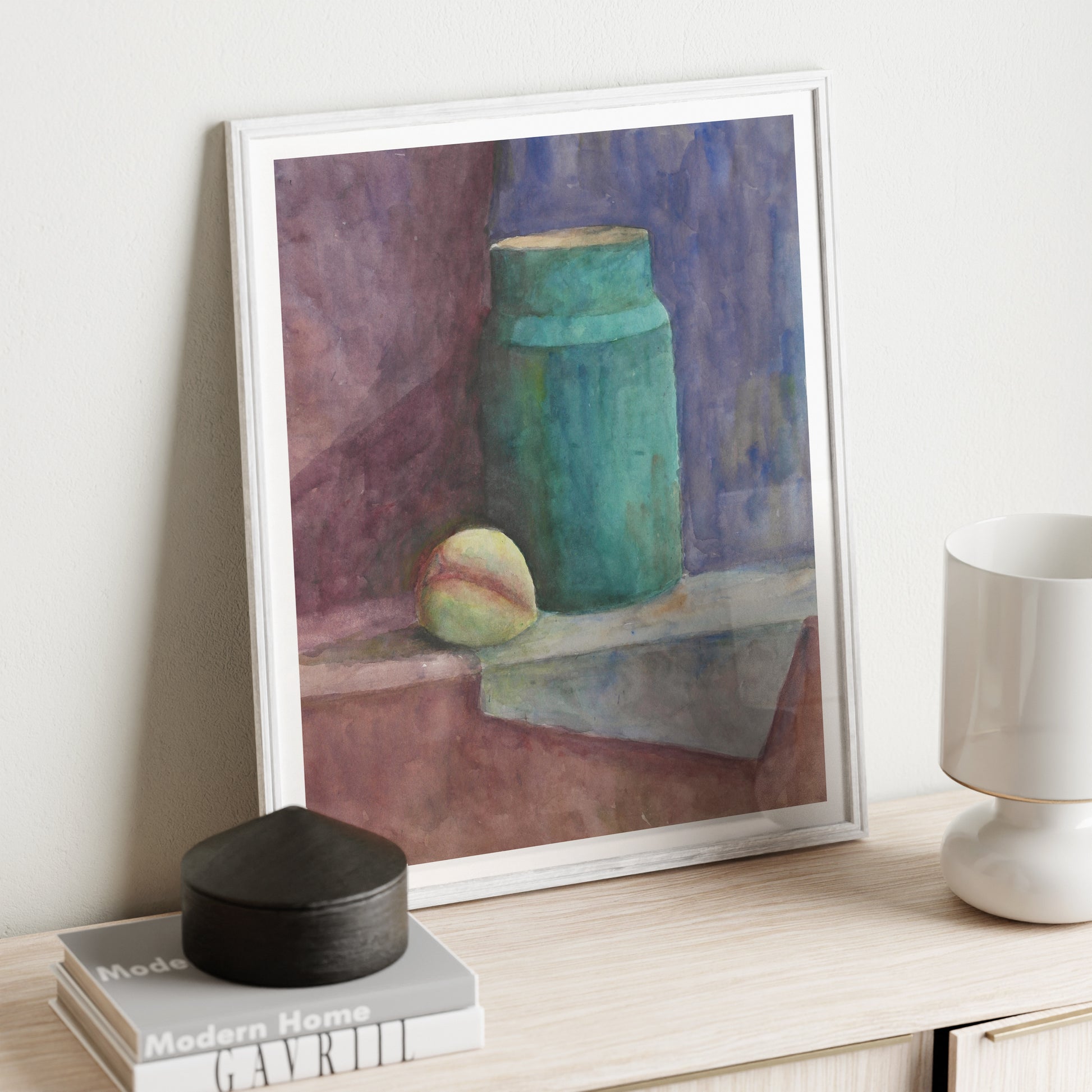 Watercolor still life study art print on a sideboard.